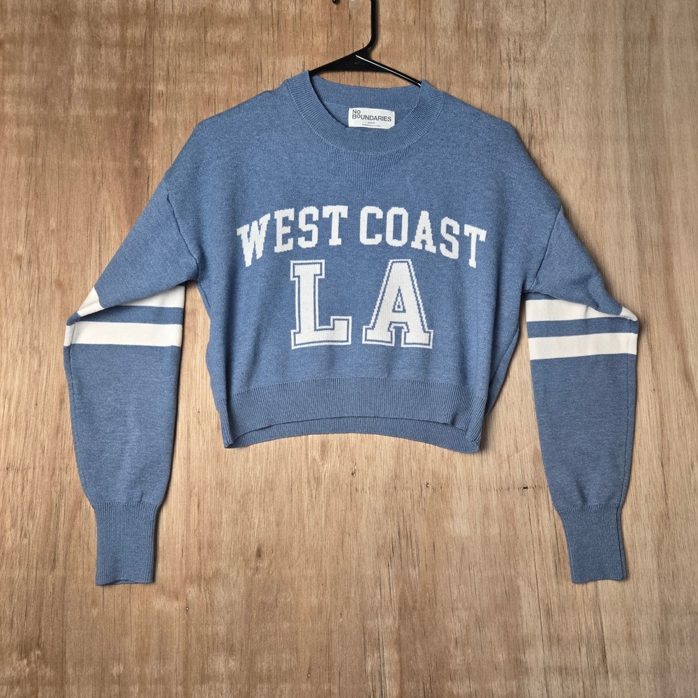 West Coast LA Cropped Sweater Blue Varsity Stripe Graphic Medium Y2K Streetwear